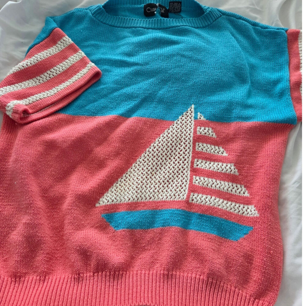 VTG 80s Catalina Sailboat Sweater Short Sleeve Coral Turquoise Nautical Size M